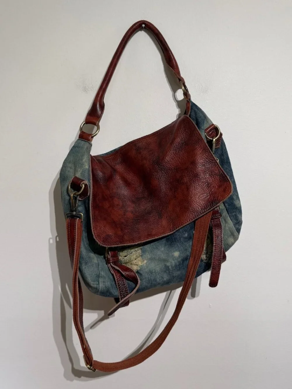 Unique Distressed Denim and Rich Leather Messenger Bag